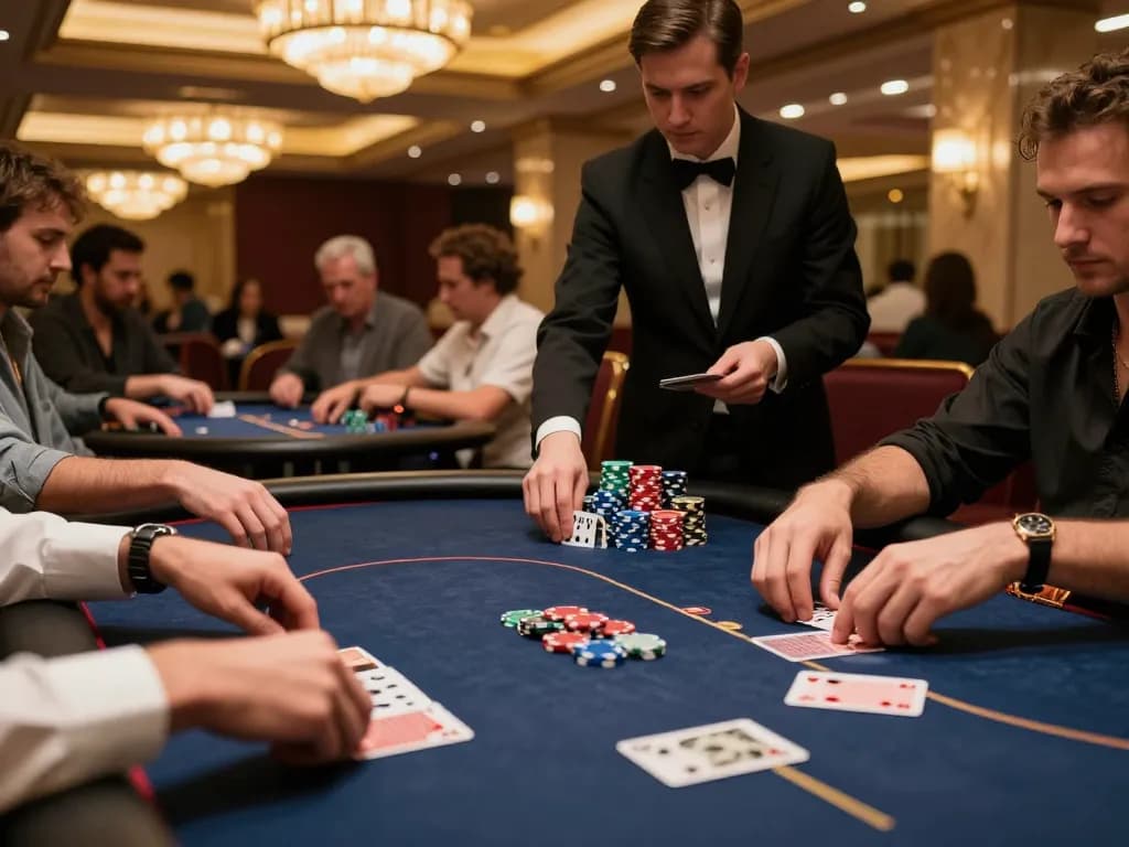 FLY88 players immersed in an exciting poker game, showing chips and intensity of strategic betting.