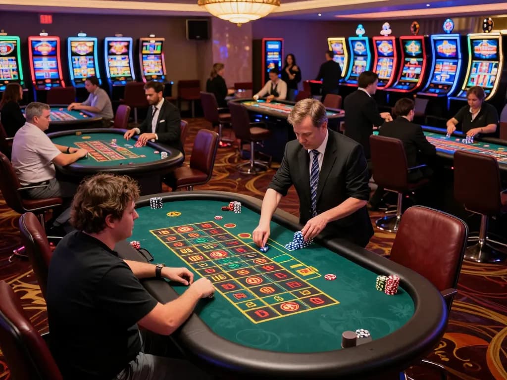 Các tay chơi tham gia cảm giác hồi hộp tại bàn roulette trong không khí sôi động của một sòng bài