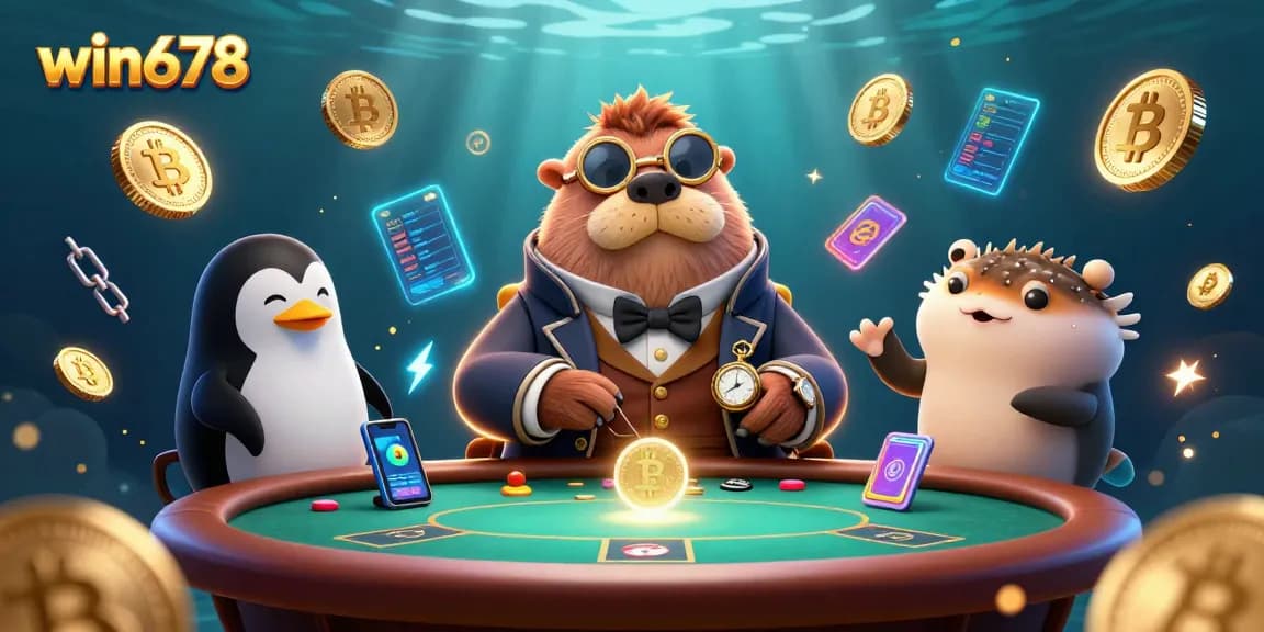 Experience the excitement of win678 with animated poker characters in a vibrant underwater casino setting.