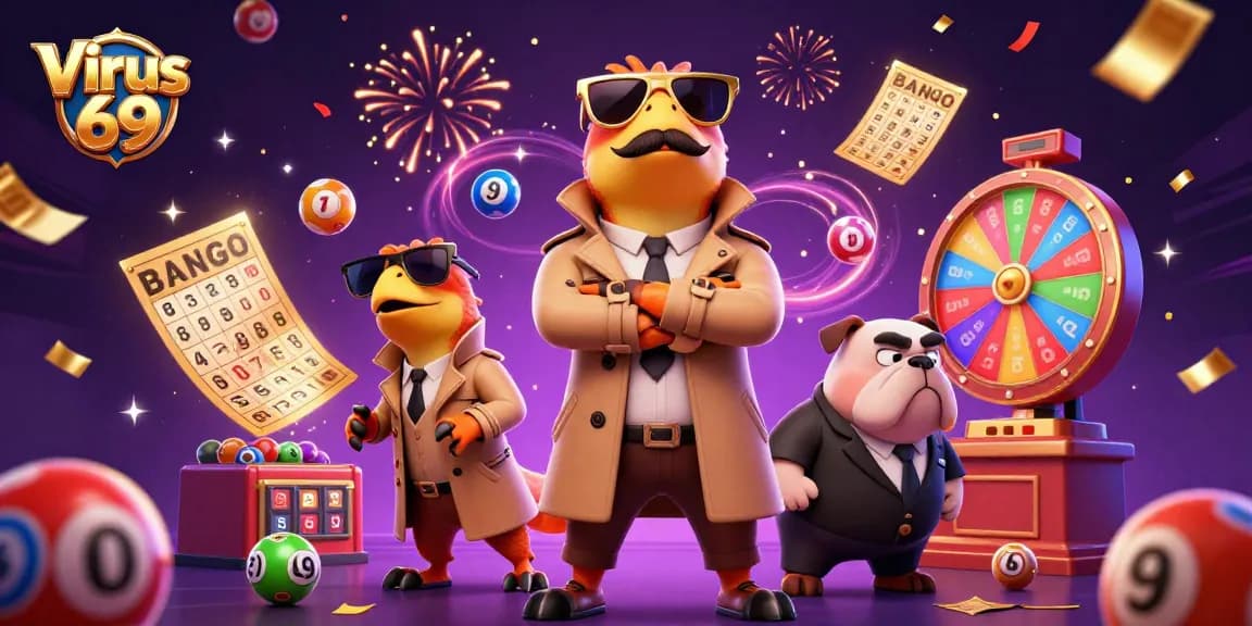 Engage with Virus 69 for thrilling lottery games amid raptors and confetti in a vibrant casino scene.