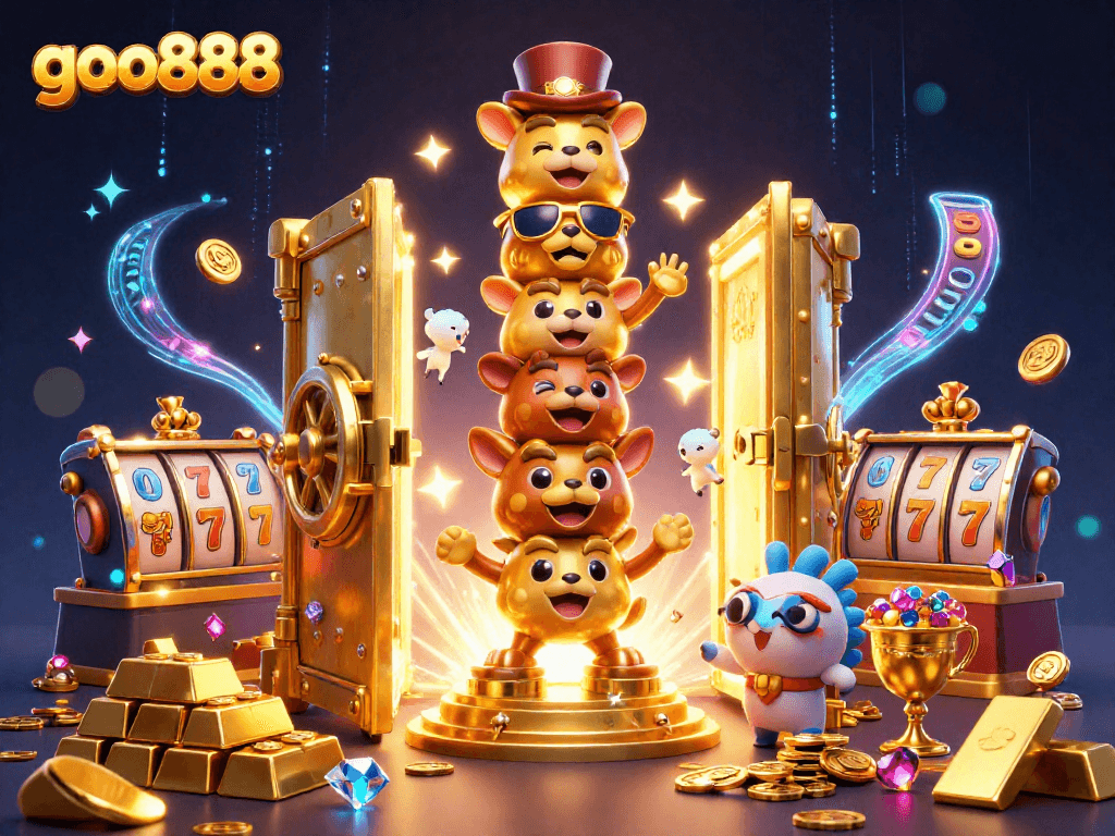 Experience thrilling action at goo888 with vibrant casino characters and dazzling treasure elements.