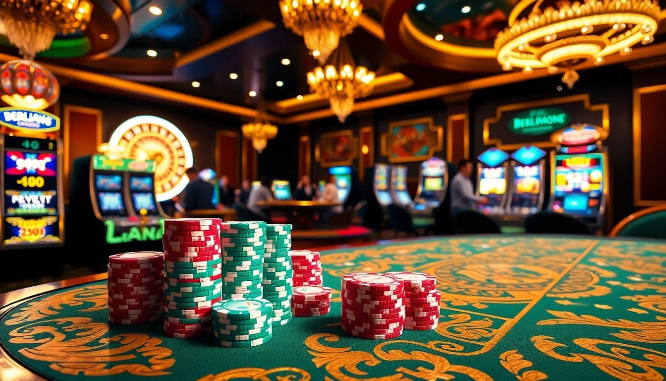 Experience the thrill of berlian888 with vibrant slot machines and poker chips in an elegant casino setting.