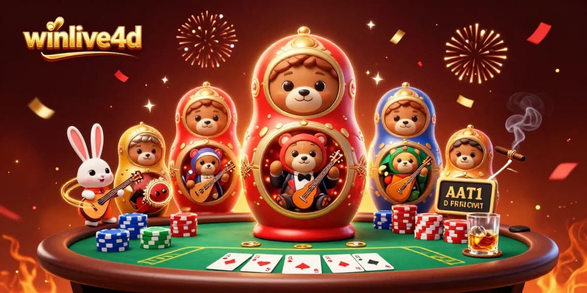 Experience the excitement of winlive4d with a vibrant casino-themed illustration featuring playful characters and game elements.