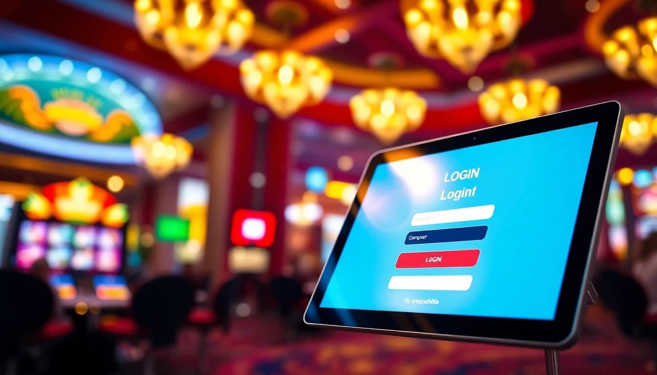 Masuk ke emasputihtoto login dengan layar tablet modern di kasino yang cerah.