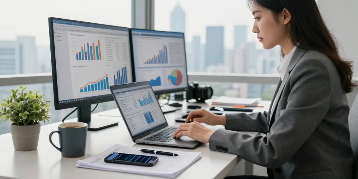 Konsultan keuangan memeriksa laporan data UE99 di ruang kerja modern dengan pemandangan kota.