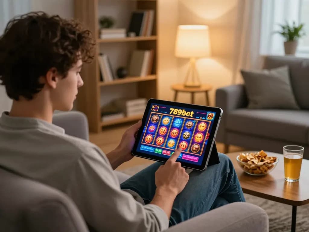 Engaging online gaming session with 789bet on a tablet, capturing excitement and strategy in a cozy setting.
