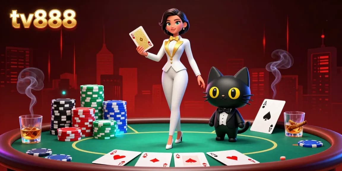 Engage in thrilling poker action at tv888 with a glamorous dealer and colorful chips.