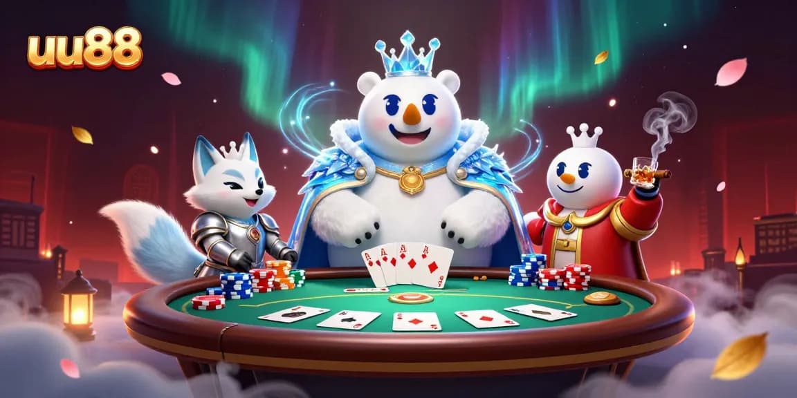 Play poker and win at uu88 with a regal ice polar bear and snow fox surrounded by chips and cards.