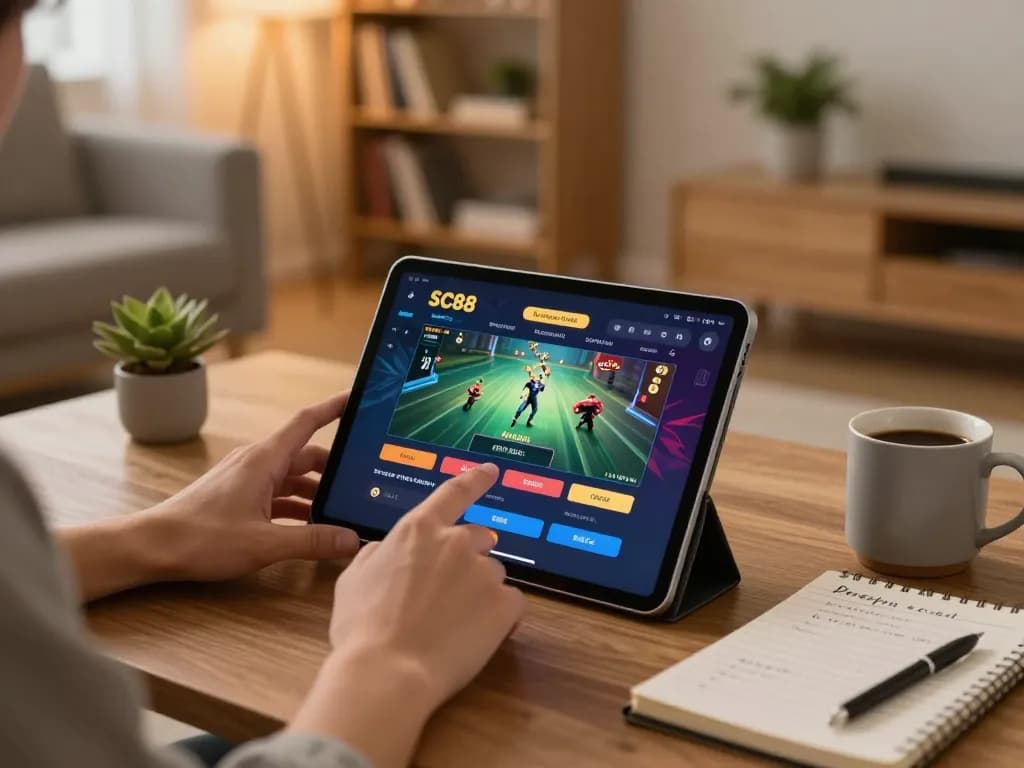 Player enjoying SC88 online gambling app on tablet in cozy home setting with betting notes.