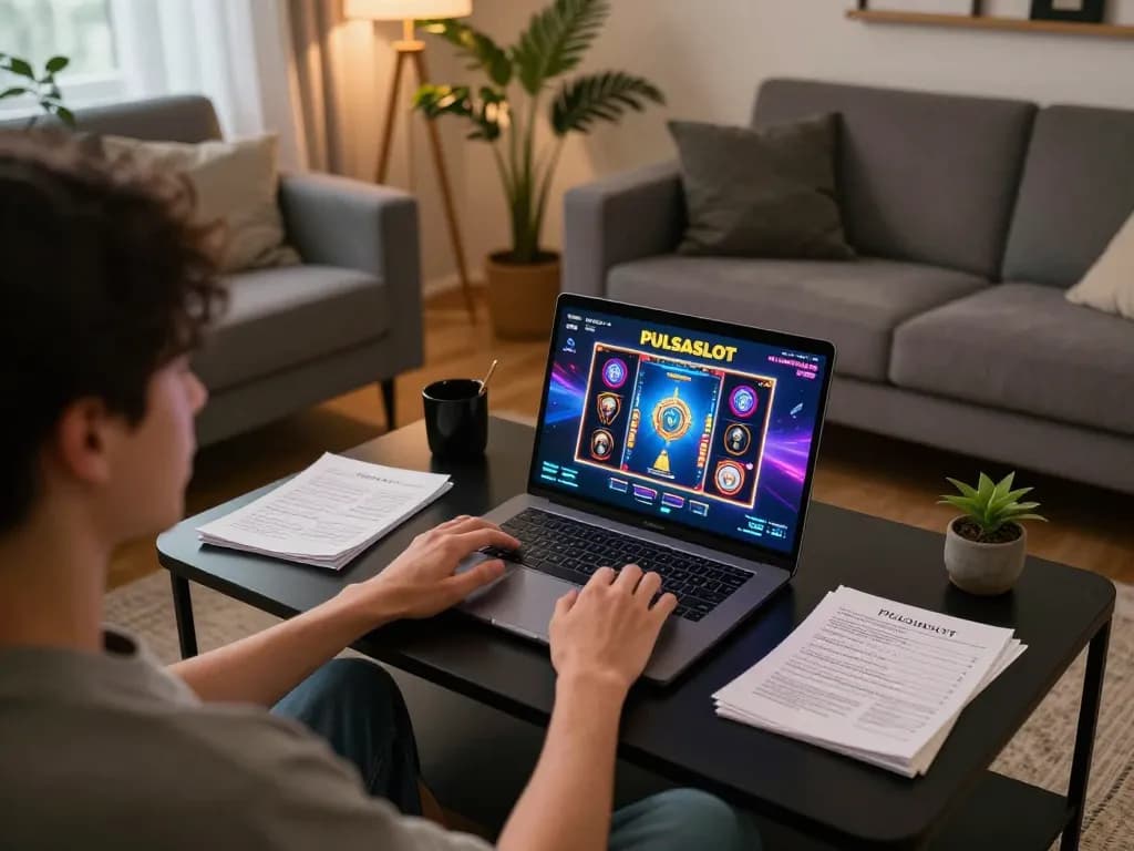 PULSASLOT player engaging in exciting online slot games at home with strategic notes
