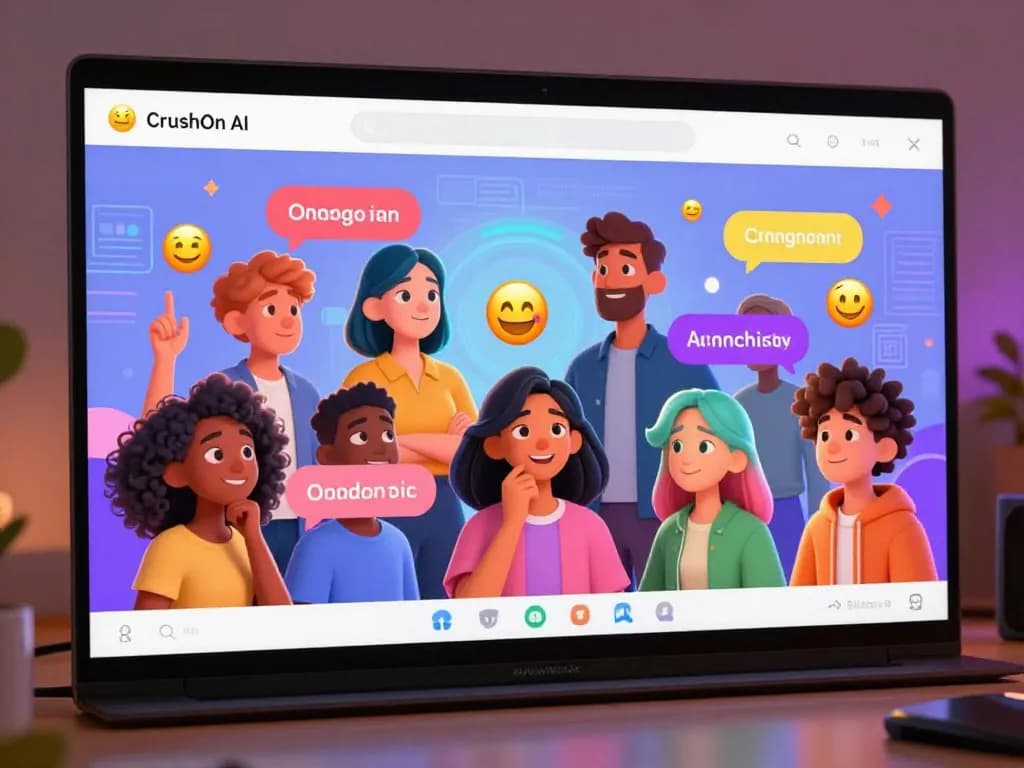 Engaging CrushOn AI virtual chat with diverse animated characters showcasing lively conversation.
