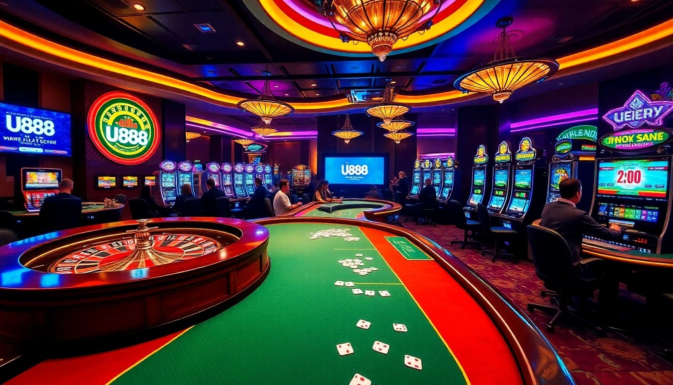 Players enjoying thrilling games at U888 online casino with vibrant roulette and slot visuals.