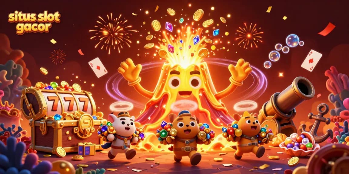 Mengalami keseruan di situs slot gacor dengan 3D kartun volcano emas meletus, dikelilingi oleh simbol slot dan hadiah menakjubkan.