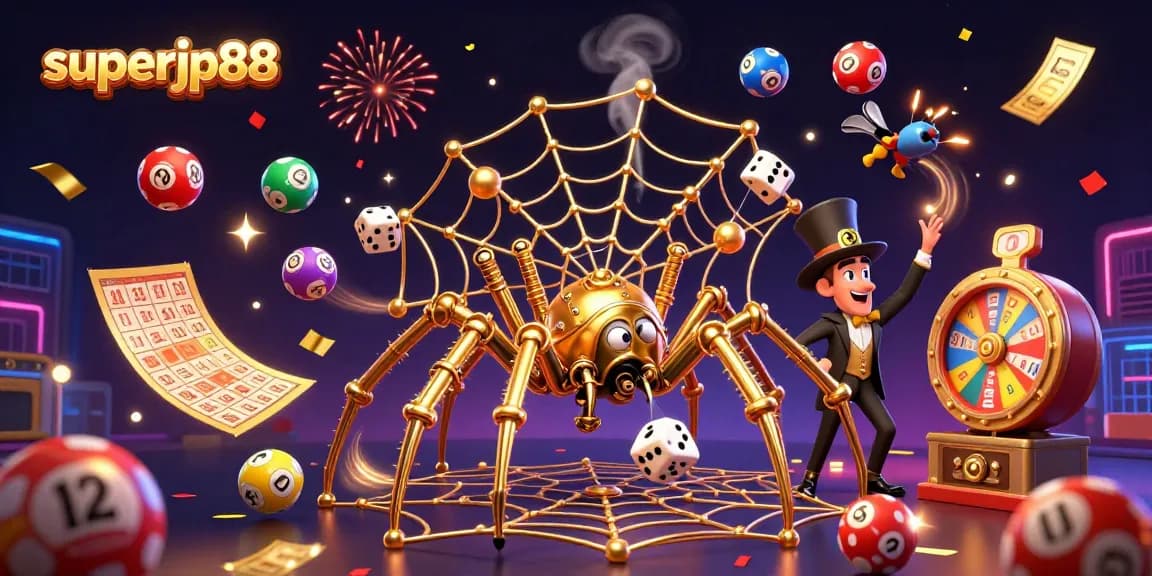 Engage with superjp88 in a vibrant scene showcasing a golden spider ensnaring dice among dynamic lottery elements.