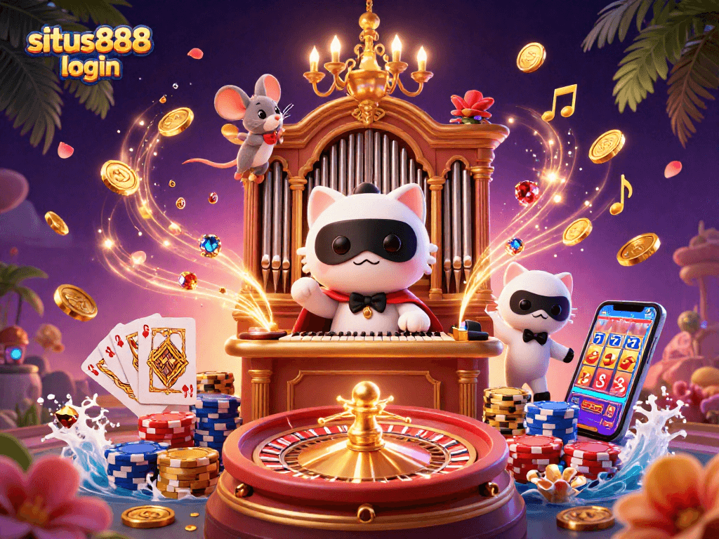 Situs888 login with vibrant gaming elements like slots and cards in a dynamic casino scene.
