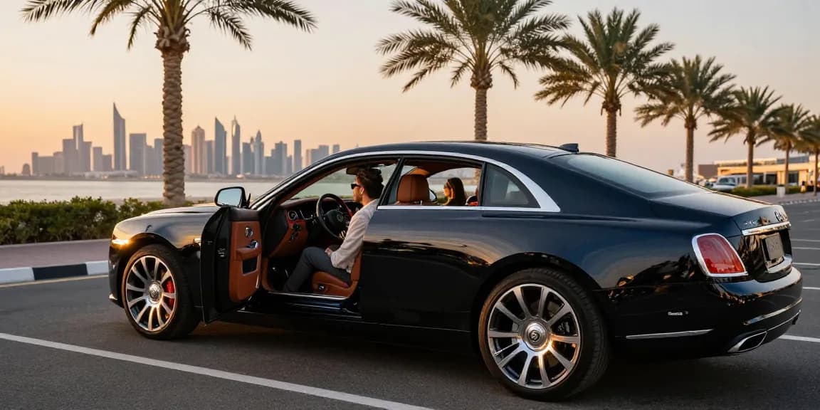 LUXURY 777 mobil mewah disewa di Dubai dengan pemandangan matahari terbenam.