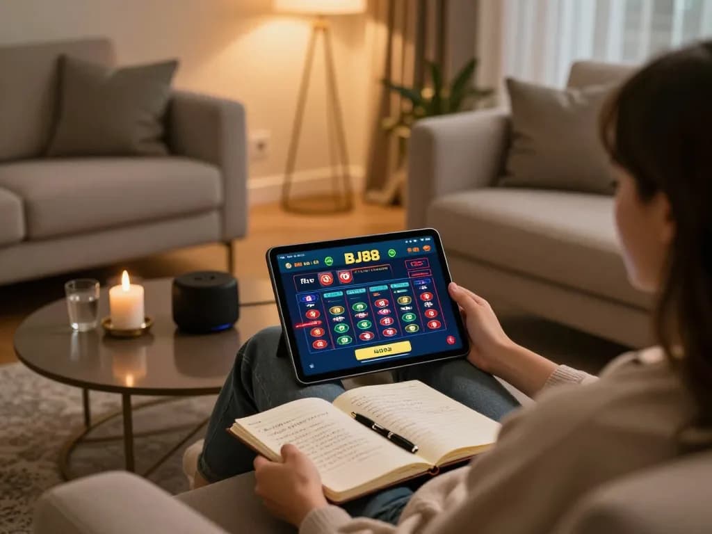 Player engaging with the BJ88 online casino app, showcasing comfortable home gaming experience.