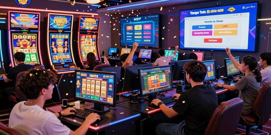 Thrilling gaming atmosphere at Tempo Toto alternatif online casino with players celebrating wins and engaging in games.