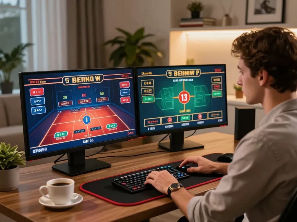 Player engaging with SC88 online gaming on dual screens, showcasing a sophisticated home casino setup.