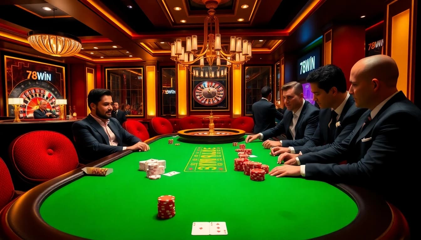 Stunning table game scene at 78Win Casino showcasing poker chips and cards.