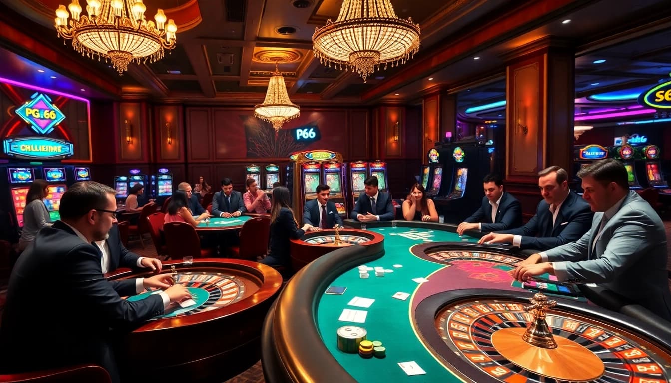 Players enjoying an exciting gaming experience at PG66 casino tables with vibrant decorations.