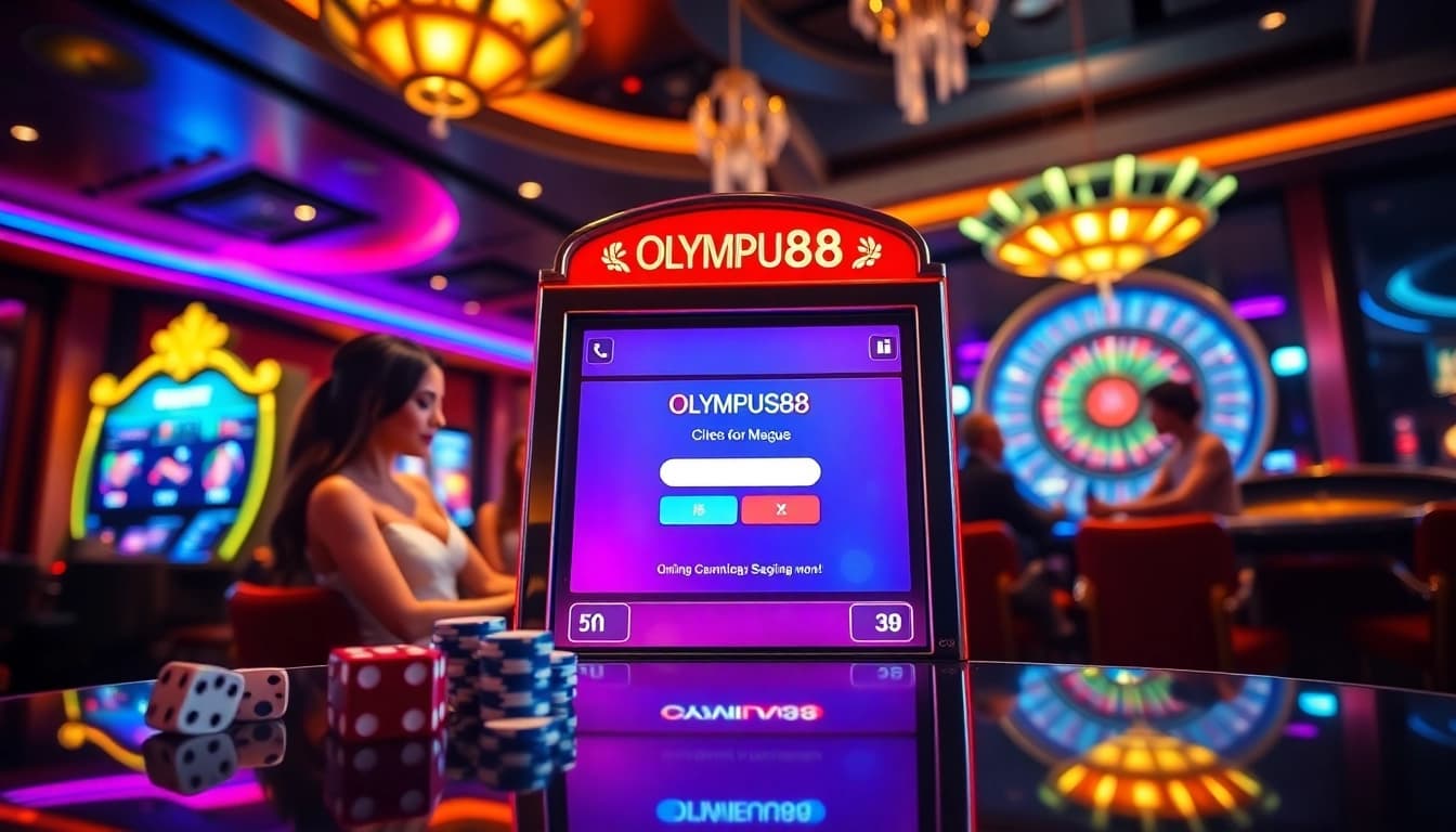OLYMPUS88 login on a vibrant slot machine amidst an exciting casino atmosphere full of betting elements.