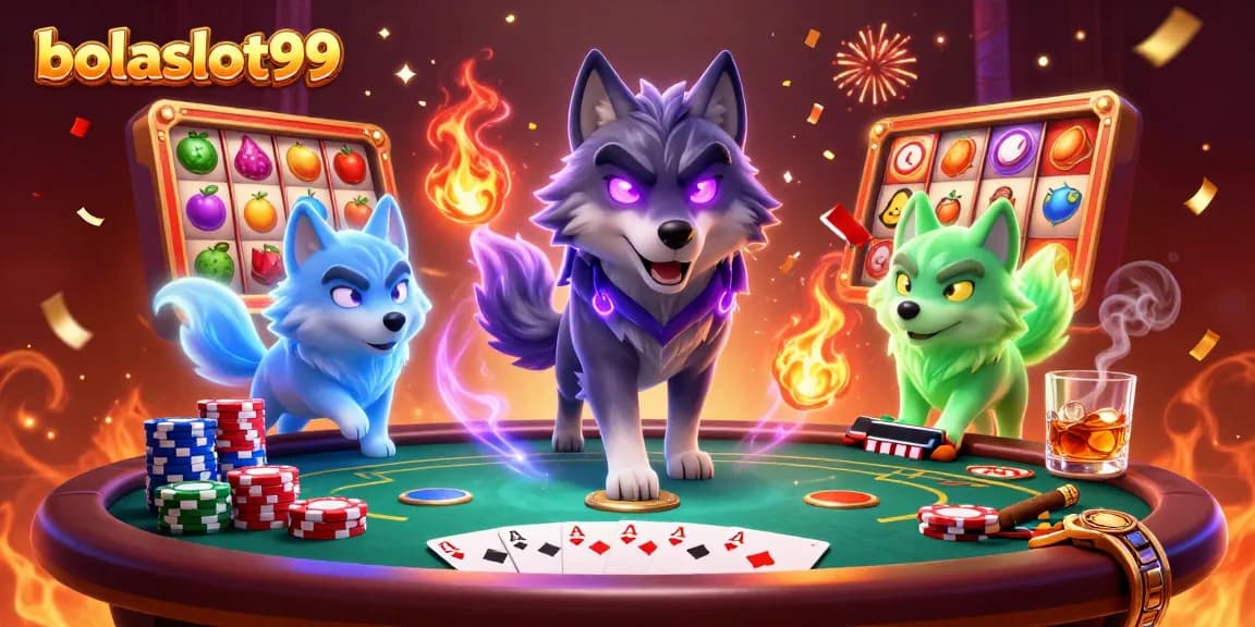 Engage in thrilling gameplay at bolaslot99 with a dynamic 3D scene featuring wolves and casino elements.