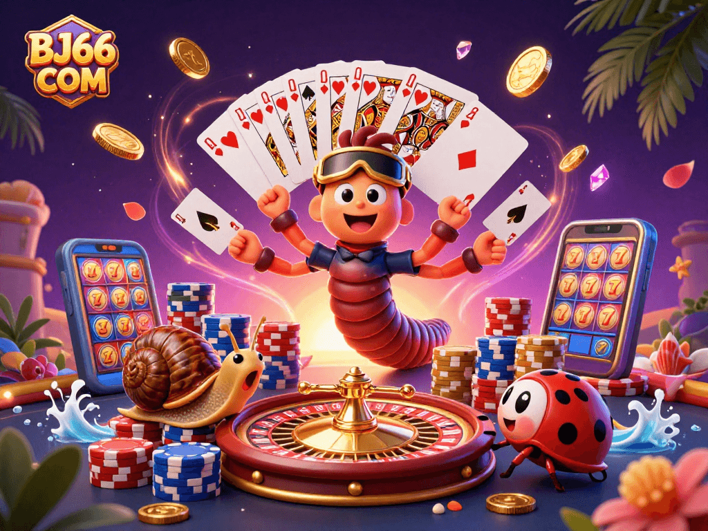 Engage with BJ66 COM as vibrant characters showcase thrilling casino excitement.