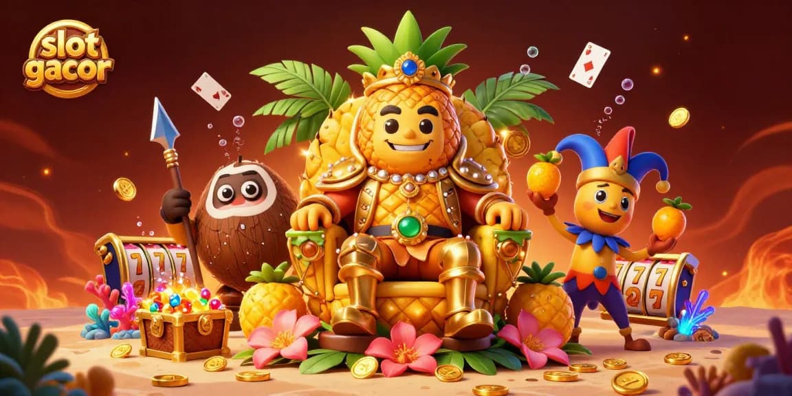 Engage with slot gacor featuring a vibrant 3D scene of a golden pineapple king on a beach casino surrounded by treasures.
