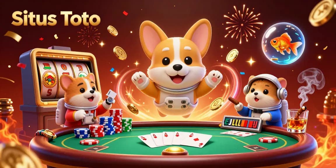 Engage with exciting games at situs Toto in this dynamic space casino illustration.