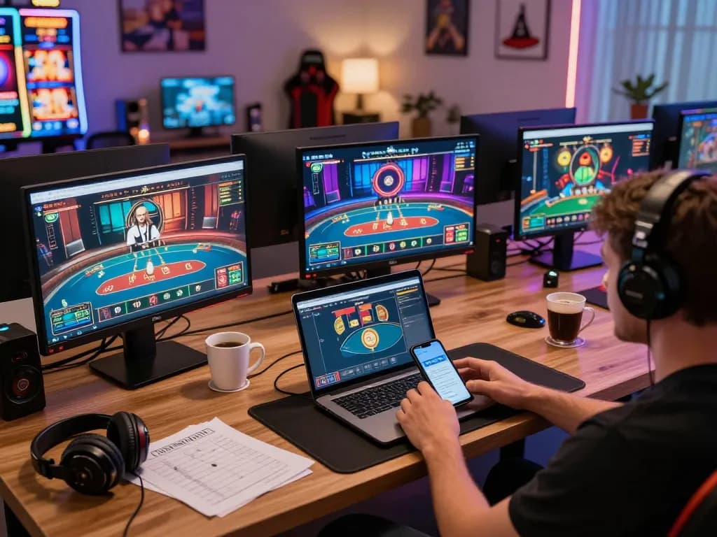 Player engaging with 789bet online poker and slots on multiple screens, showcasing a dynamic gaming setup