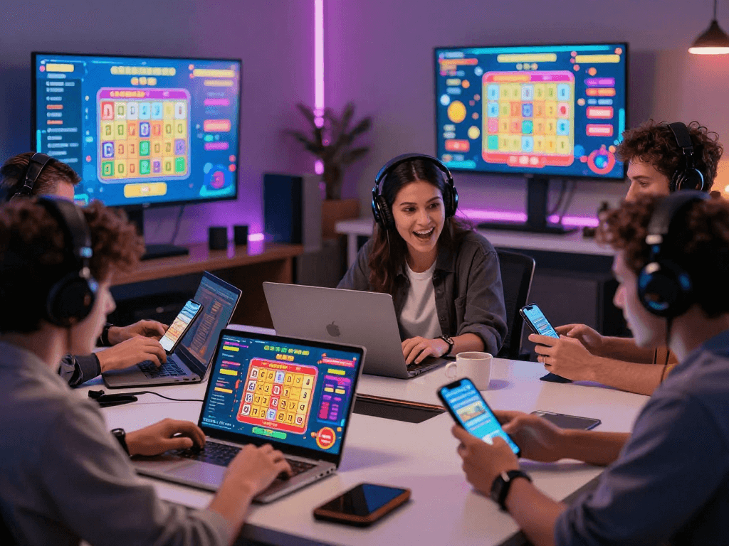 Pengalaman bermain situs togel online yang menarik dengan pemain beragam di perangkat mereka, menampilkan suasana penuh semangat dan interaksi.
