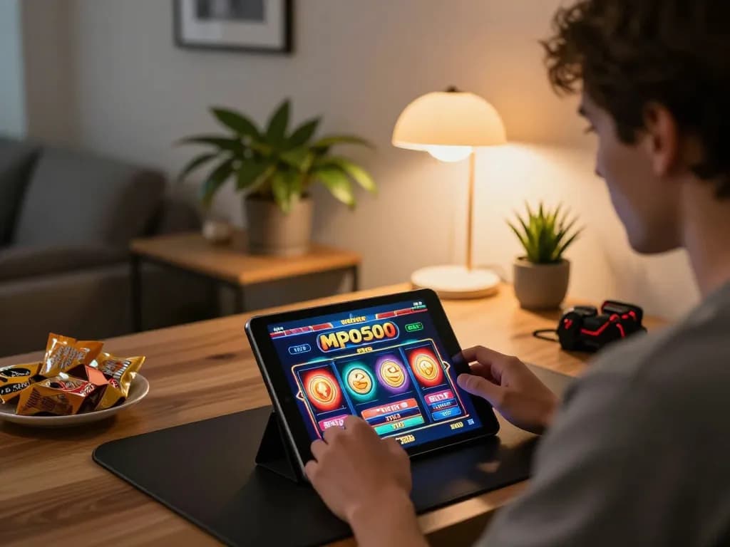 Engaged player enjoying mpo500 slot gaming on a tablet in a cozy home office.