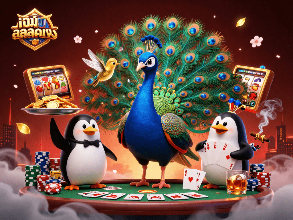 Experience เว็บสล็อตตรง with captivating visuals of slot reels, poker chips, and vibrant characters.
