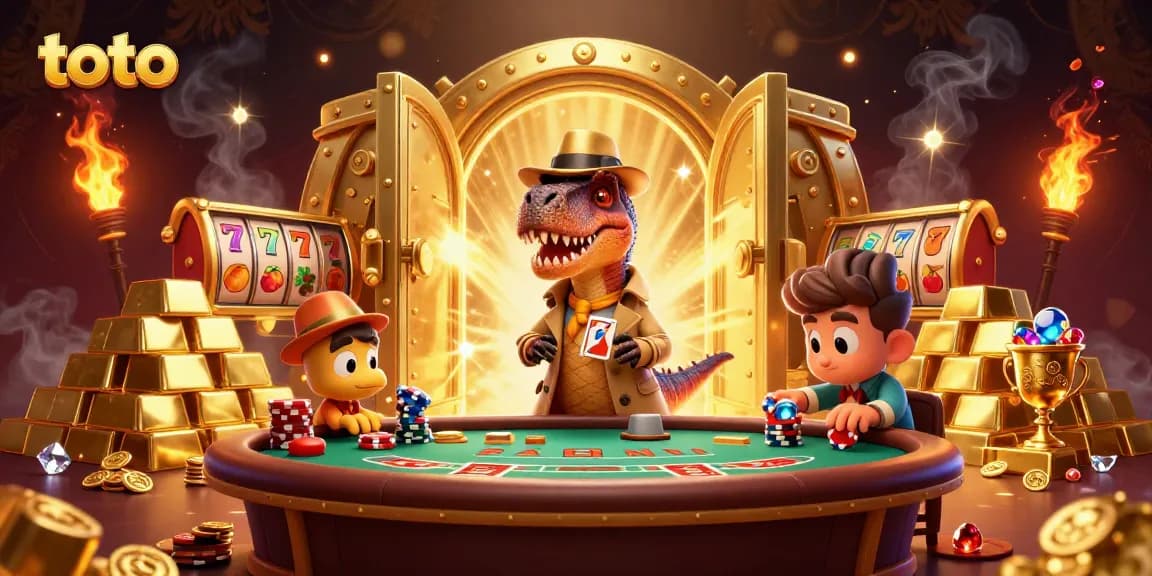 Gambar kasino dengan velociraptor dan kompis bermain toto sambil mencuri chip di meja blackjack.