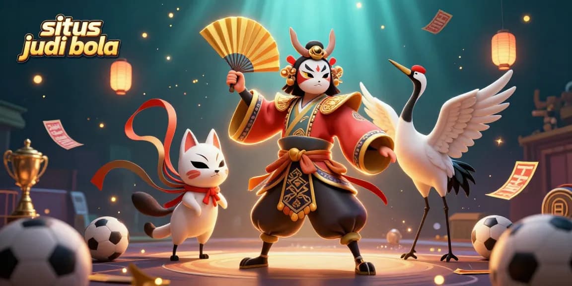 Experience sports betting excitement with situs judi bola in a vivid 3D illustration featuring kabuki characters.