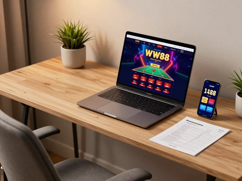 Engaged player using WW88 online platform on a laptop, showcasing a modern gaming setup.