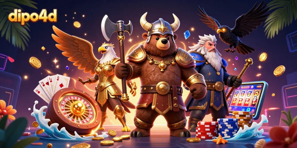 Engage in dipo4d with a vibrant scene filled with golden coins, slot reels, and dynamic gaming action.