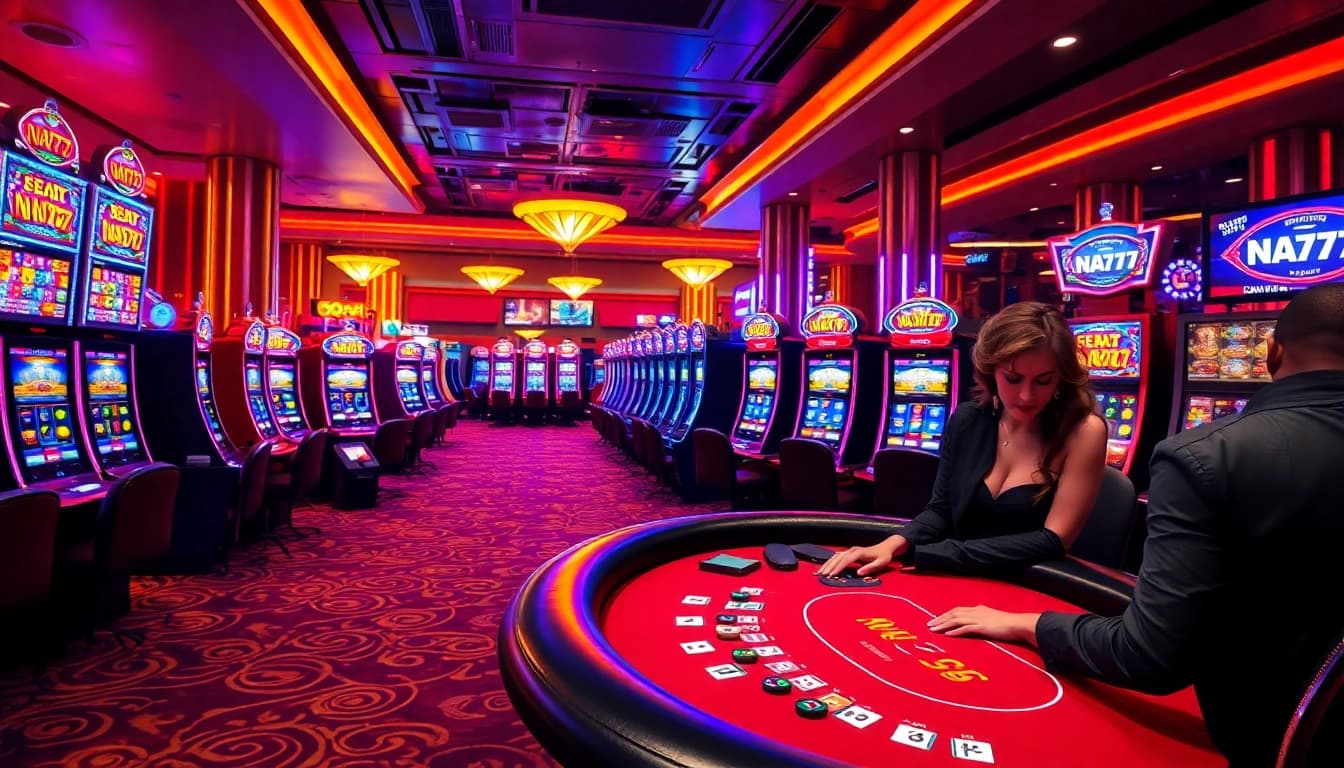 Players enjoying the Na777 slot game at a luxurious casino environment with vibrant machines.