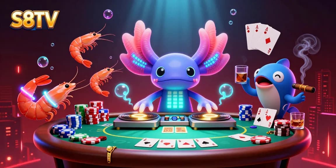 Bet on S8TV while enjoying the dynamic underwater casino scene featuring DJ axolotl and shrimp dancers.
