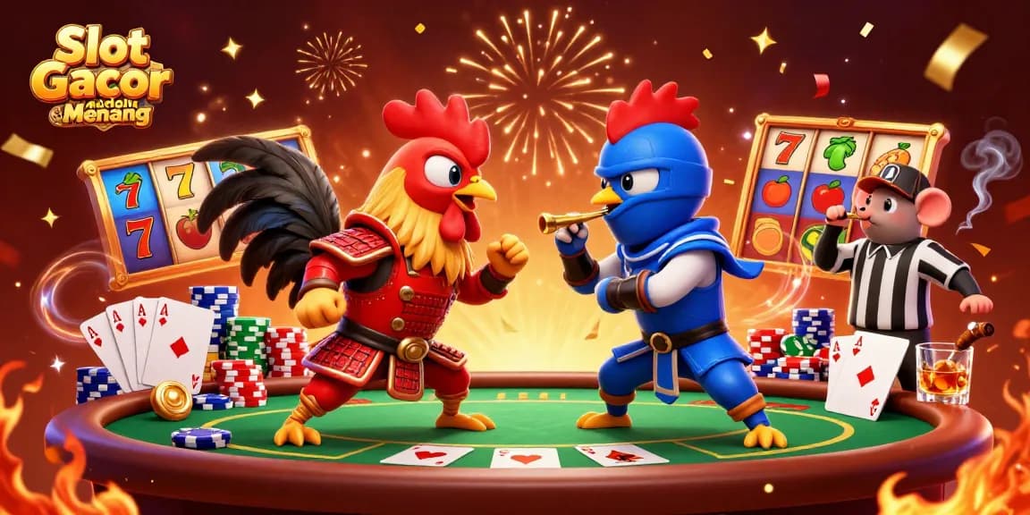Menangkan Slot Gacor Mudah Menang dengan simbol buah, ayam jantan, dan suasana kasino yang meriah.