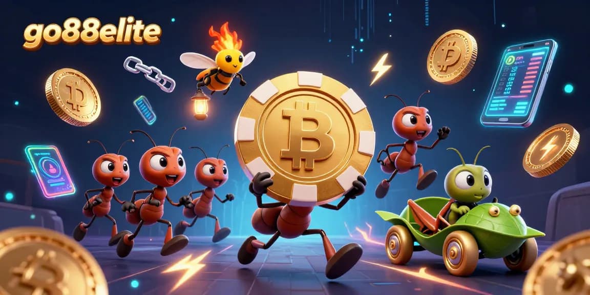 Ants carrying a golden poker chip with Bitcoin and Ethereum elements, promoting go88elite online gaming.