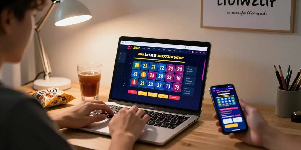 Pengguna aktif berjudi di toto togel dengan laptop dan smartphone di meja modern
