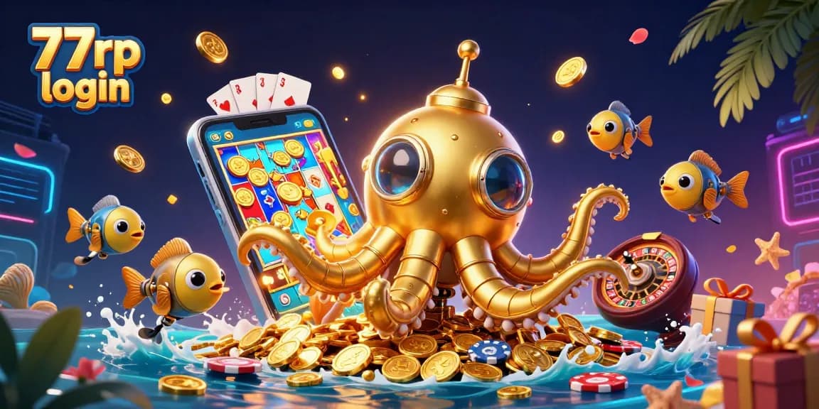Engage with 77rp login as the golden kraken submarine surfaces amidst golden coins and vibrant gaming elements.