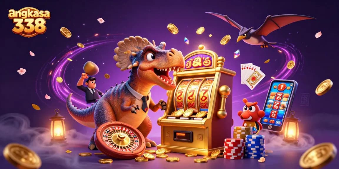 Enjoy winnings at angkasa 338 while a dinosaur heads for jackpots and coins fly around!