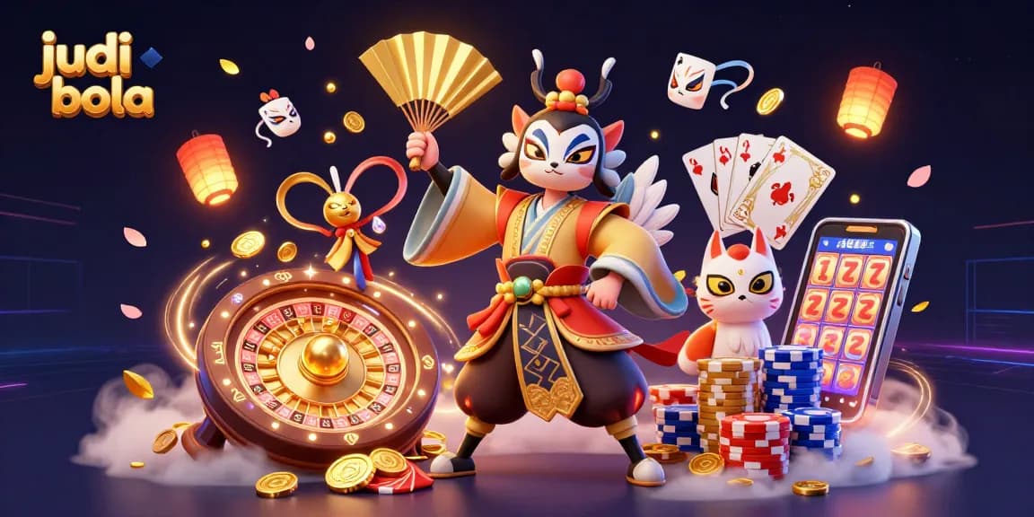 Explore judi bola strategies with vibrant 3D characters amidst gold coins and casino elements.
