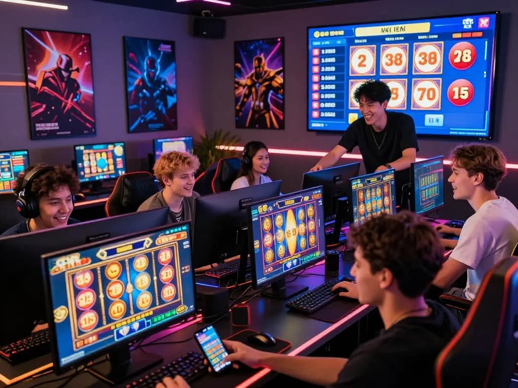 Pemain yang terlibat menikmati permainan slot virus88 dalam suasana lounge permainan online yang hidup.