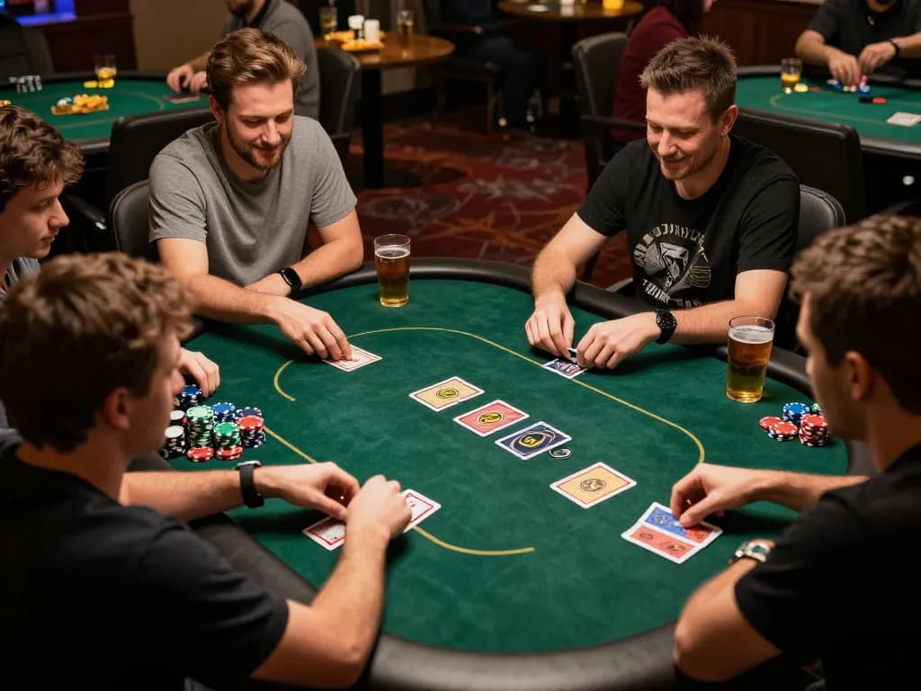 Engaging scene of friends playing poker at home, highlighting Đăng nhập Luckywin for online tournament excitement.