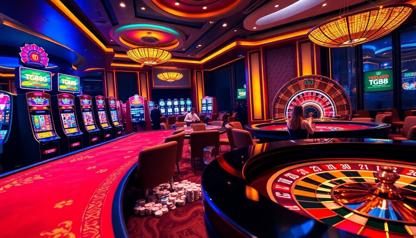 Exciting online gambling scene featuring TG88 link with vibrant slot machines and poker games.