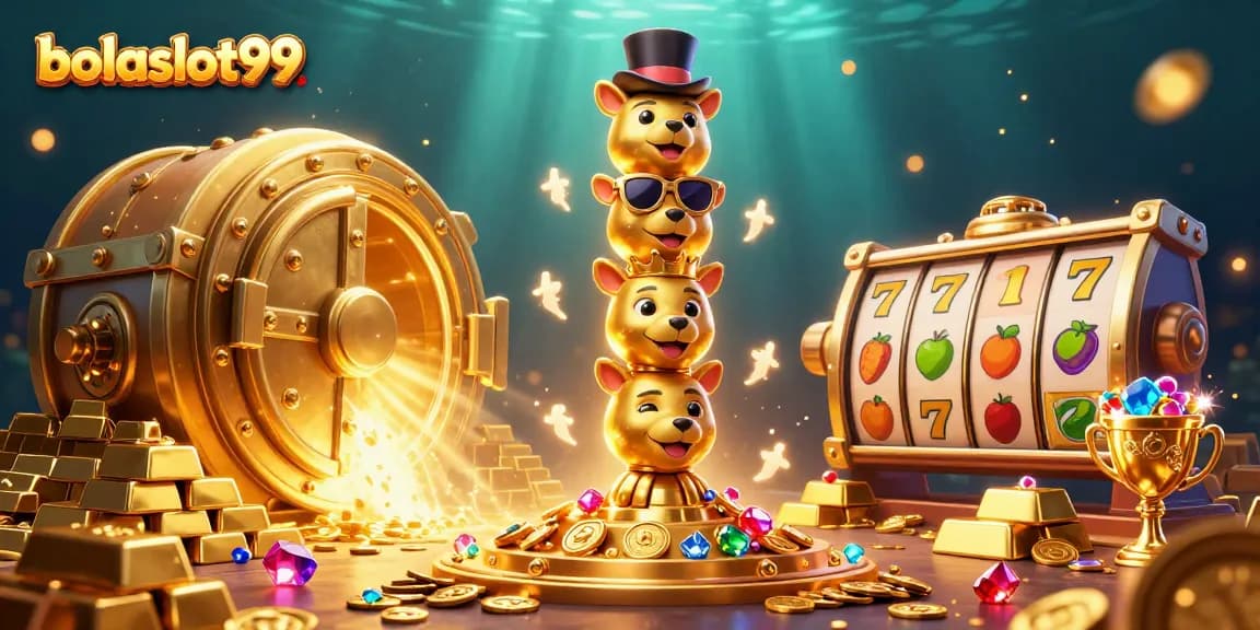 Bolaslot99 showcases an enchanting casino scene with a vibrant totem pole and treasure vault.